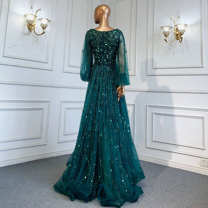 Serene Hill Muslim Green A-Line Luxury Evening Dreses Gowns 2025 O-Neck Puff Sleeves Beaded Sexy Formal Woman Party LA71049A - SERENE HILL