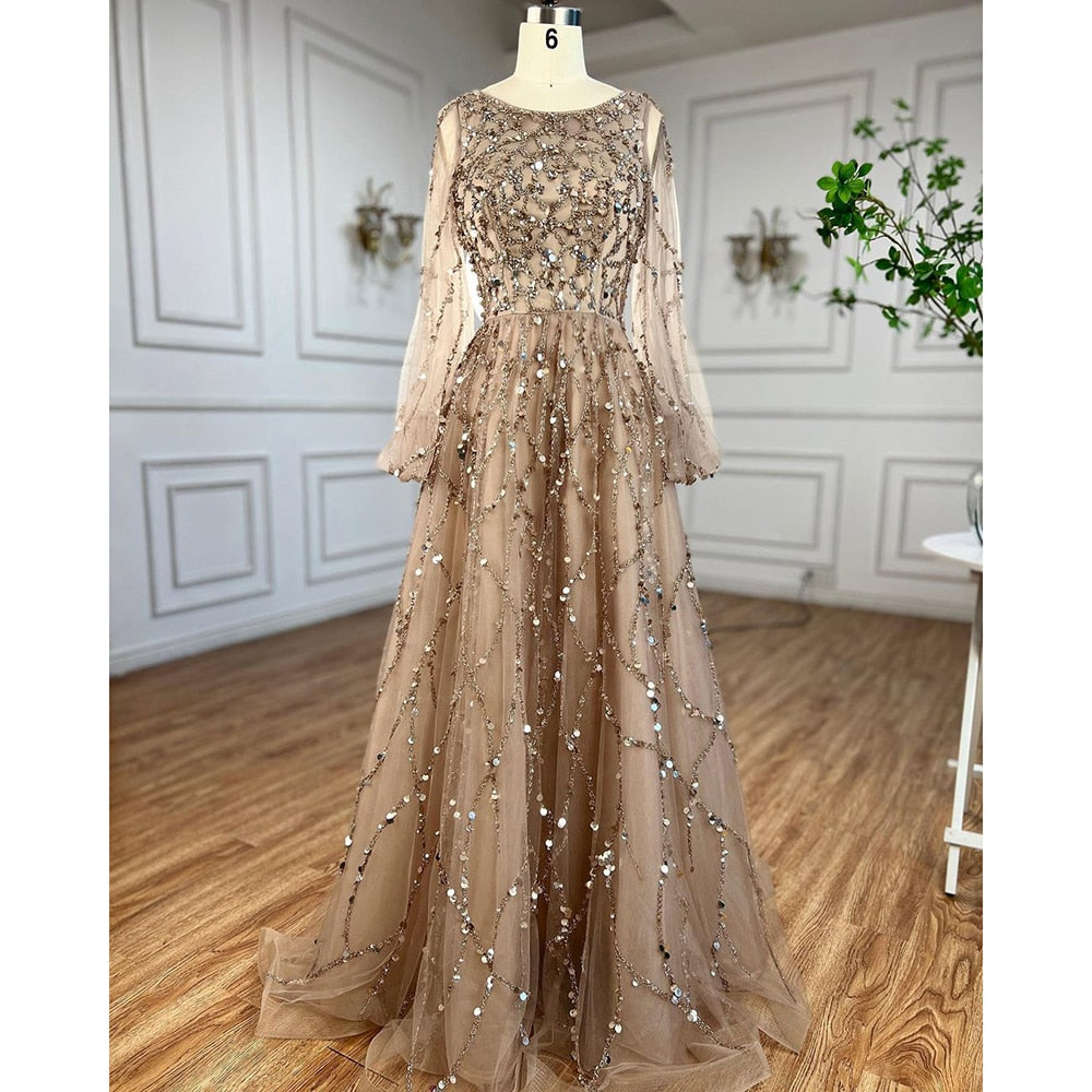 Serene Hill Muslim Green A-Line Luxury Evening Dreses Gowns 2025 O-Neck Puff Sleeves Beaded Sexy Formal Woman Party LA71049A - SERENE HILL