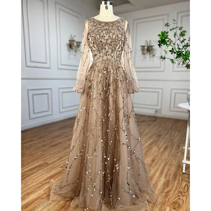 Serene Hill Muslim Green A-Line Luxury Evening Dreses Gowns 2025 O-Neck Puff Sleeves Beaded Sexy Formal Woman Party LA71049A - SERENE HILL