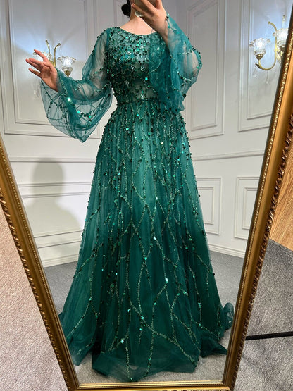 Serene Hill Muslim Green A-Line Luxury Evening Dreses Gowns 2025 O-Neck Puff Sleeves Beaded Sexy Formal Woman Party LA71049A - SERENE HILL