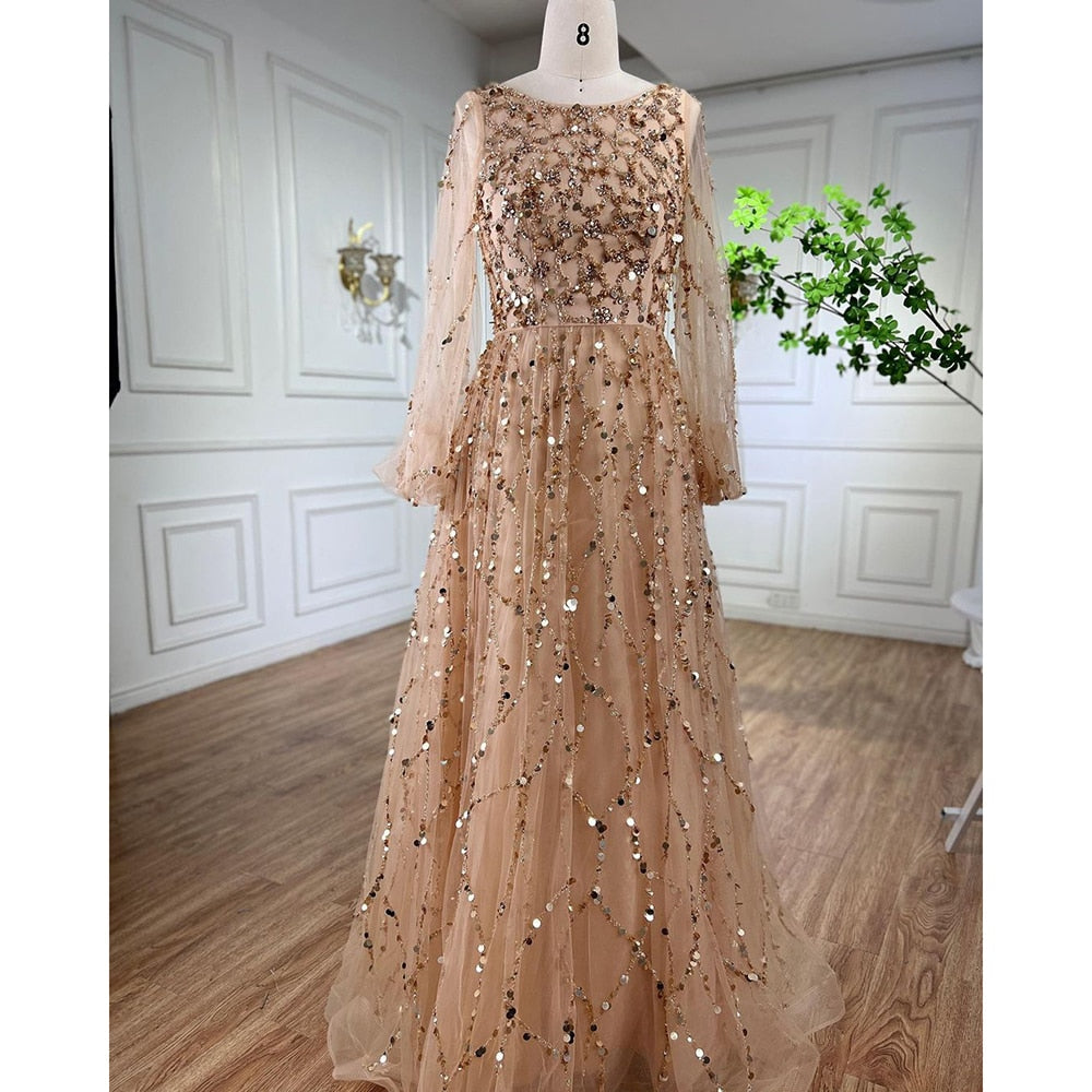 Serene Hill Muslim Green A-Line Luxury Evening Dreses Gowns 2025 O-Neck Puff Sleeves Beaded Sexy Formal Woman Party LA71049A - SERENE HILL