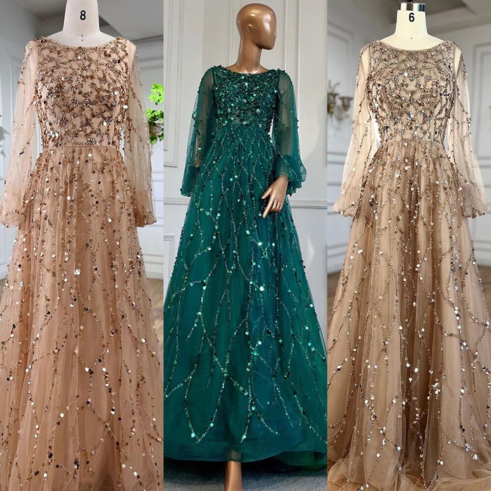 Serene Hill Muslim Green A-Line Luxury Evening Dreses Gowns 2025 O-Neck Puff Sleeves Beaded Sexy Formal Woman Party LA71049A - SERENE HILL