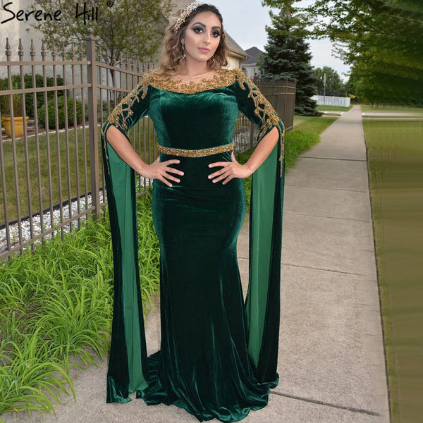 Serene Hill Muslim Green Cape Sleeves Evening Dresses Gowns 2025 Beaded Elegant Mermaid Velour for Women Party LA71452