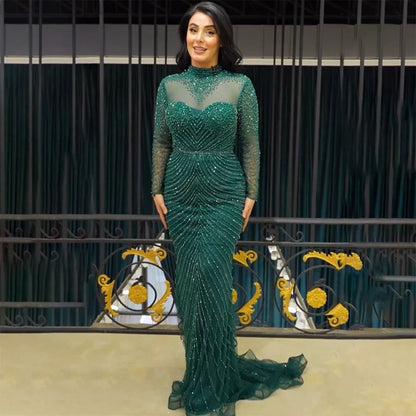 Serene Hill Muslim Green Elegant Mermaid Luxury Lace Beaded Arabic Evening Dresses Gowns For Women Wedding Party 2025 LA71913 - SERENE HILL