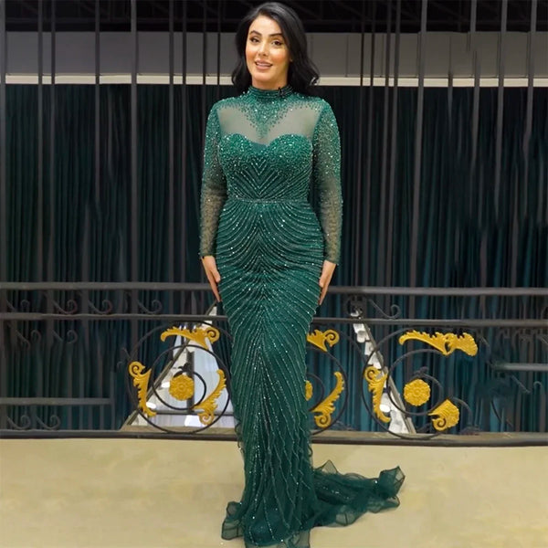 Serene Hill Muslim Green Elegant Mermaid Luxury Lace Beaded Arabic Evening Dresses Gowns For Women Wedding Party 2025 LA71913