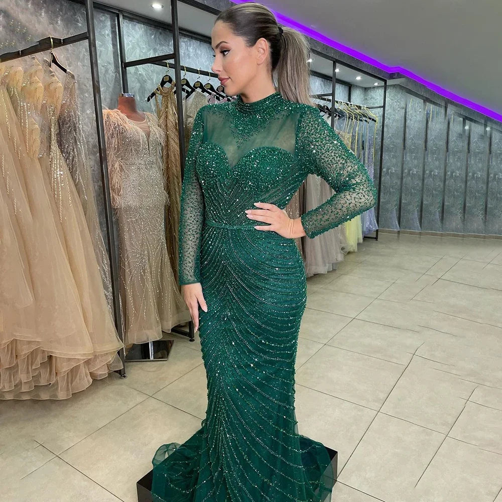 Serene Hill Muslim Green Elegant Mermaid Luxury Lace Beaded Arabic Evening Dresses Gowns For Women Wedding Party 2025 LA71913 - SERENE HILL