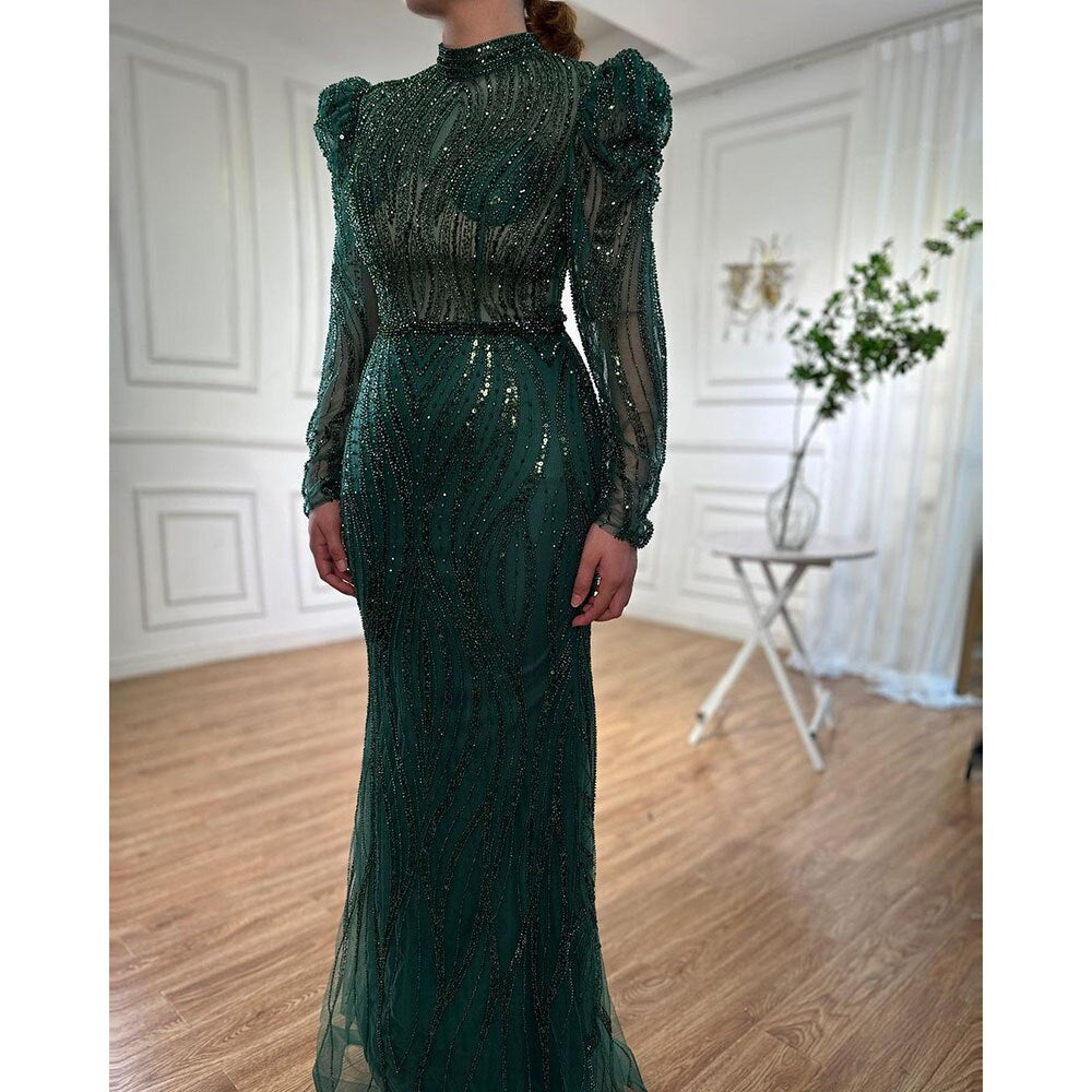 Serene Hill Muslim Green Mermaid Elegant Luxury Beaded Arabic Long Evening Dresses Gowns For Women Wedding Party 2025 LA72134 - SERENE HILL