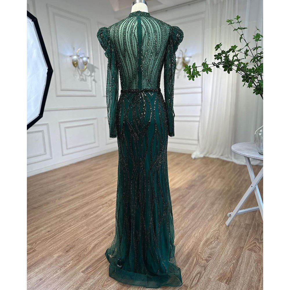 Serene Hill Muslim Green Mermaid Elegant Luxury Beaded Arabic Long Evening Dresses Gowns For Women Wedding Party 2025 LA72134 - SERENE HILL