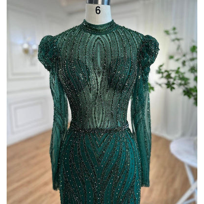 Serene Hill Muslim Green Mermaid Elegant Luxury Beaded Arabic Long Evening Dresses Gowns For Women Wedding Party 2025 LA72134 - SERENE HILL