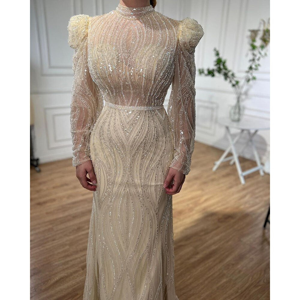 Serene Hill Muslim Green Mermaid Elegant Luxury Beaded Arabic Long Evening Dresses Gowns For Women Wedding Party 2025 LA72134 - SERENE HILL