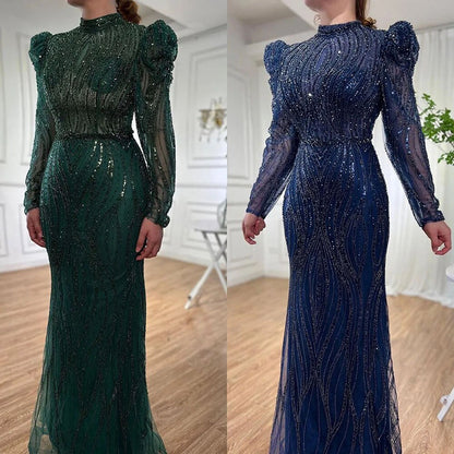 Serene Hill Muslim Green Mermaid Elegant Luxury Beaded Arabic Long Evening Dresses Gowns For Women Wedding Party 2025 LA72134 - SERENE HILL