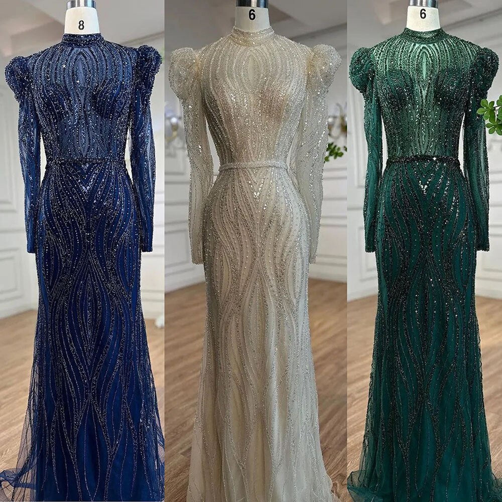 Serene Hill Muslim Green Mermaid Elegant Luxury Beaded Arabic Long Evening Dresses Gowns For Women Wedding Party 2025 LA72134 - SERENE HILL