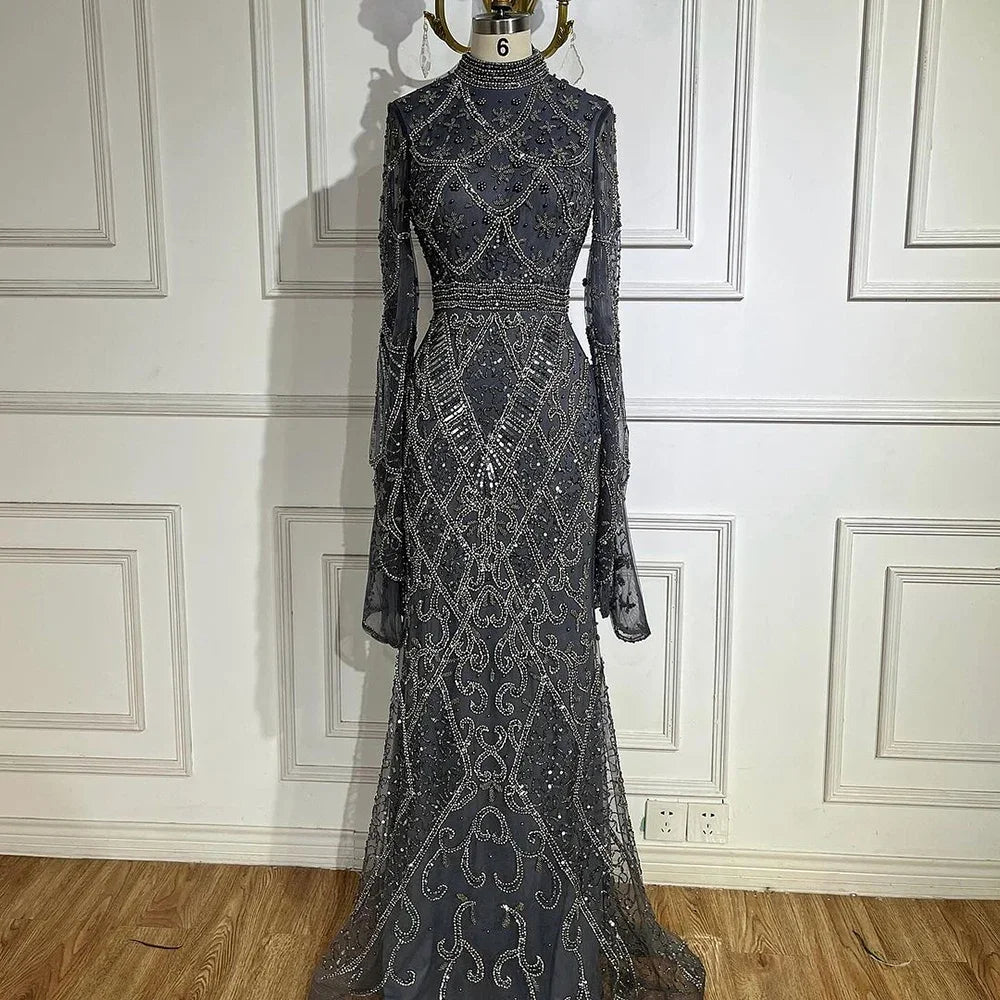 Muslim Grey Mermaid Long Sleeve Beaded Evening Dress LA72316 - SERENE HILL