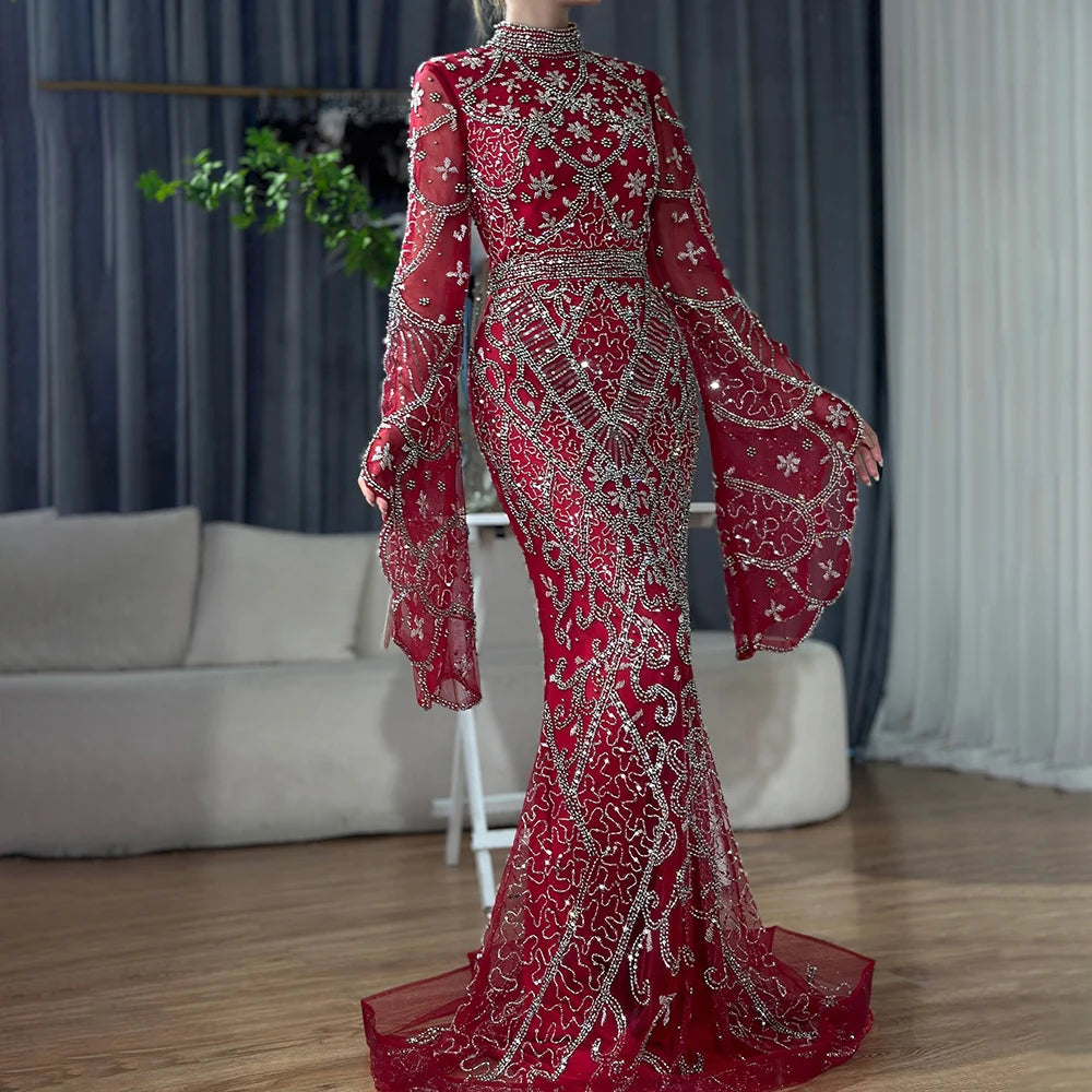 Muslim Grey Mermaid Long Sleeve Beaded Evening Dress LA72316 - SERENE HILL