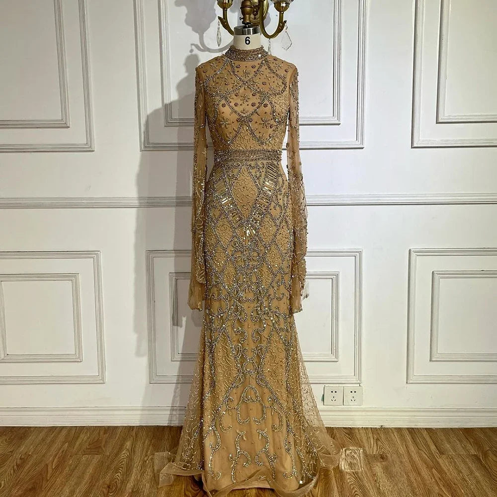 Muslim Grey Mermaid Long Sleeve Beaded Evening Dress LA72316 - SERENE HILL