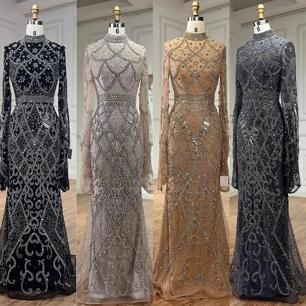 Muslim Grey Mermaid Long Sleeve Beaded Evening Dress LA72316 - SERENE HILL