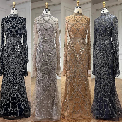 Muslim Grey Mermaid Long Sleeve Beaded Evening Dress LA72316 - SERENE HILL