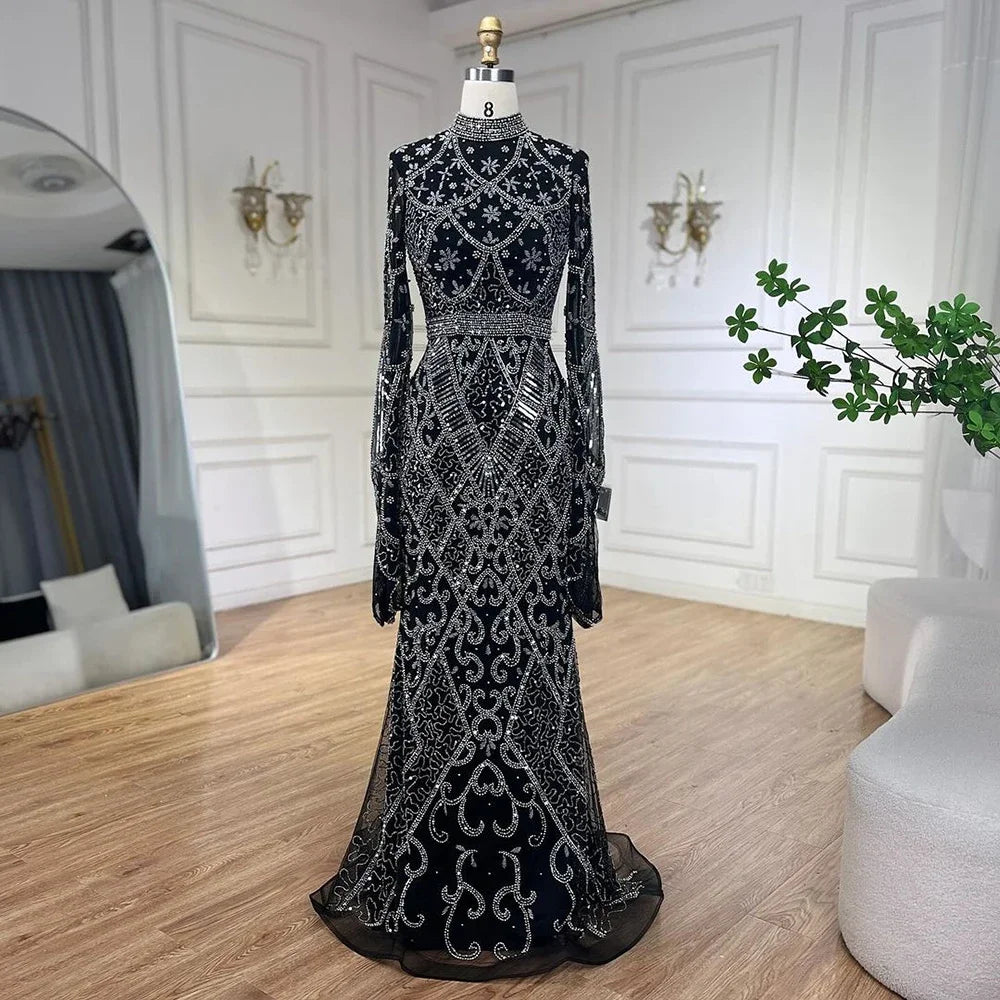 Muslim Grey Mermaid Long Sleeve Beaded Evening Dress LA72316 - SERENE HILL