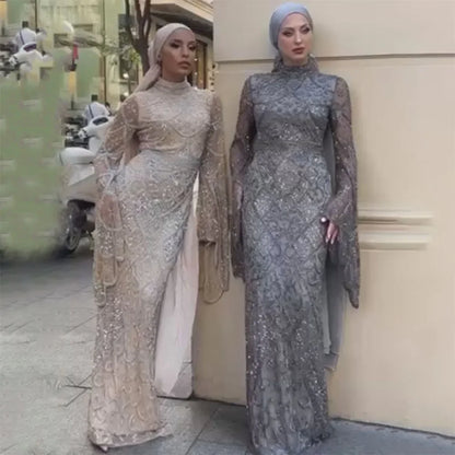 Muslim Grey Mermaid Long Sleeve Beaded Evening Dress LA72316 - SERENE HILL