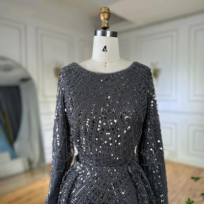 Luxury Dubai Muslim Grey Mermaid Pearls Beaded Evening Dresses Gowns For Formal Occasion LA72032H - SERENE HILL