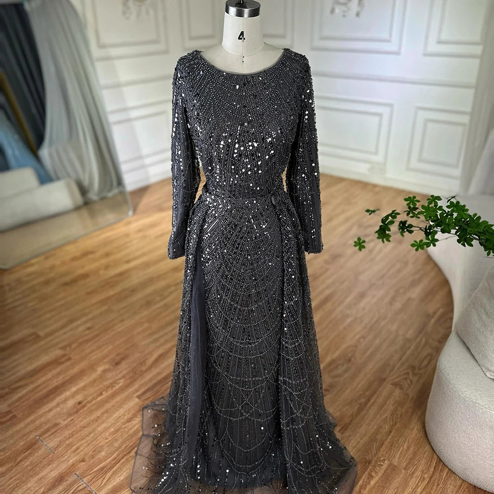 Luxury Dubai Muslim Grey Mermaid Pearls Beaded Evening Dresses Gowns For Formal Occasion LA72032H - SERENE HILL
