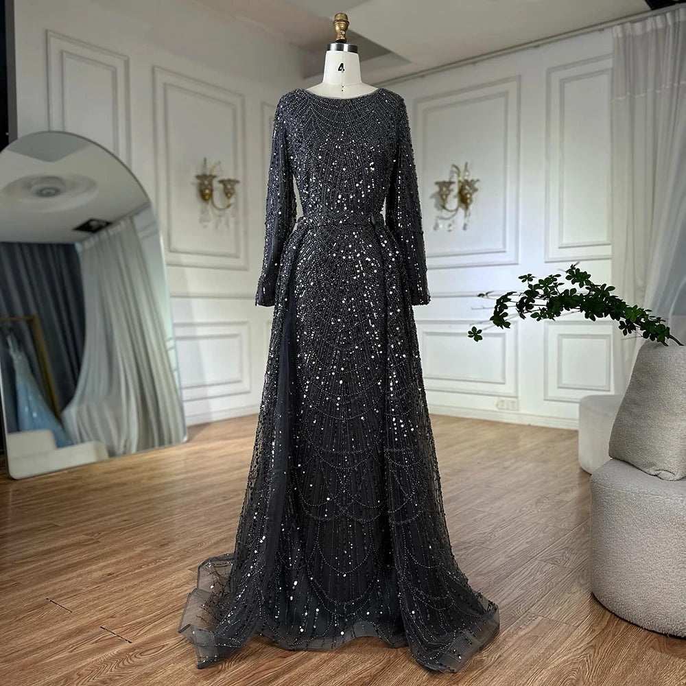 Luxury Dubai Muslim Grey Mermaid Pearls Beaded Evening Dresses Gowns For Formal Occasion LA72032H - SERENE HILL