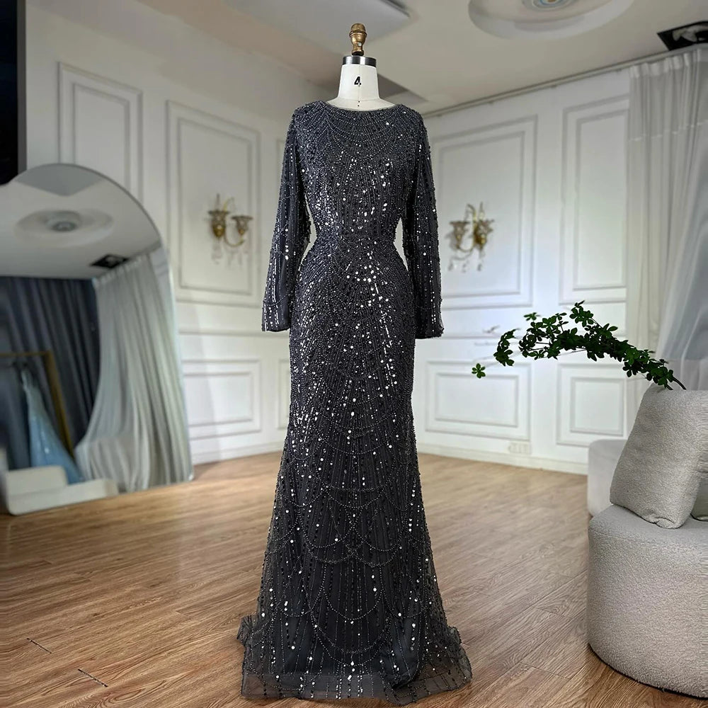 Luxury Dubai Muslim Grey Mermaid Pearls Beaded Evening Dresses Gowns For Formal Occasion LA72032H - SERENE HILL