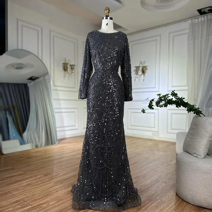 Luxury Dubai Muslim Grey Mermaid Pearls Beaded Evening Dresses Gowns For Formal Occasion LA72032H - SERENE HILL
