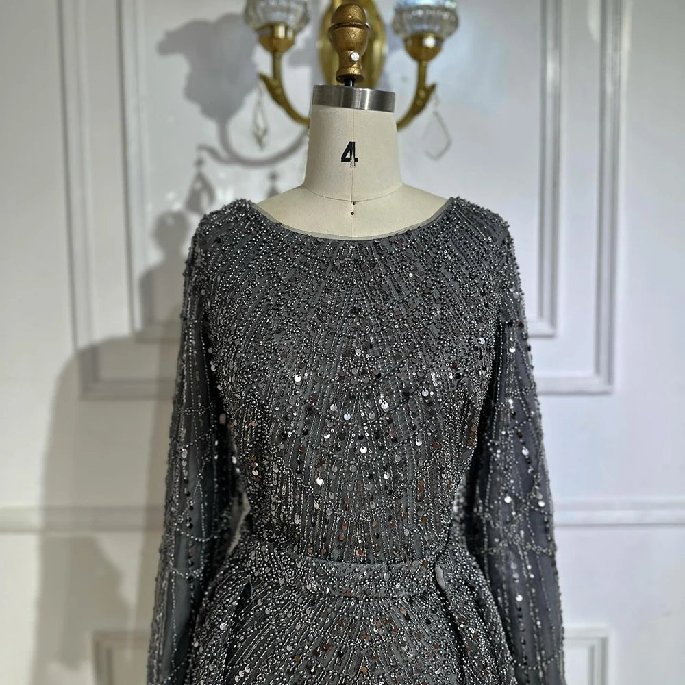 Luxury Dubai Muslim Grey Mermaid Pearls Beaded Evening Dresses Gowns For Formal Occasion LA72032H - SERENE HILL