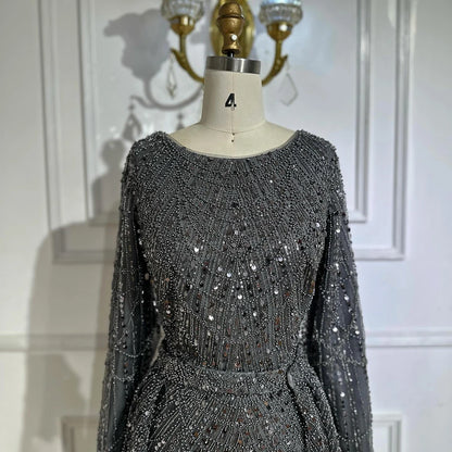 Luxury Dubai Muslim Grey Mermaid Pearls Beaded Evening Dresses Gowns For Formal Occasion LA72032H - SERENE HILL