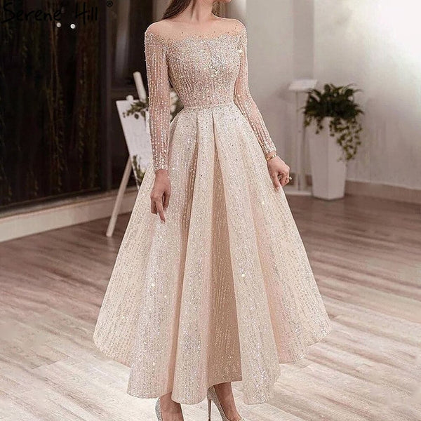 Serene Hill Muslim Ivory Luxury Evening Dresses Gowns 2025 A-Line Ankle-Length Beaded Formal Woman Wedding Party LA71111