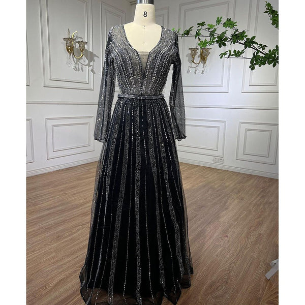 Serene Hill Muslim Luxury Beaded Balck A Line Midi Arabic Evening Dresses Gowns 2025 Formal Woman Wedding Party LA72113