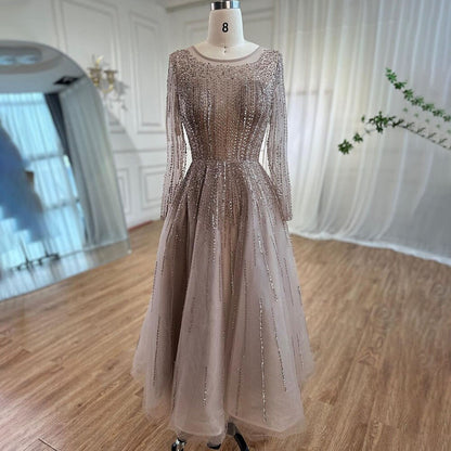 Serene Hill Muslim Luxury Beaded Caramel A-Line Midi Ankle-Length Evening Dresses Gowns 2025 Formal Woman Wedding Party LA71111 - SERENE HILL