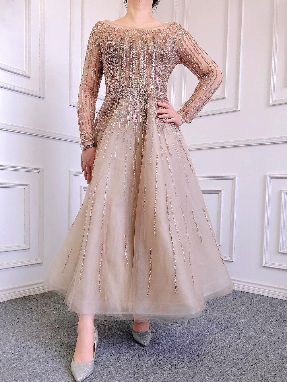 Serene Hill Muslim Luxury Beaded Caramel A-Line Midi Ankle-Length Evening Dresses Gowns 2025 Formal Woman Wedding Party LA71111 - SERENE HILL