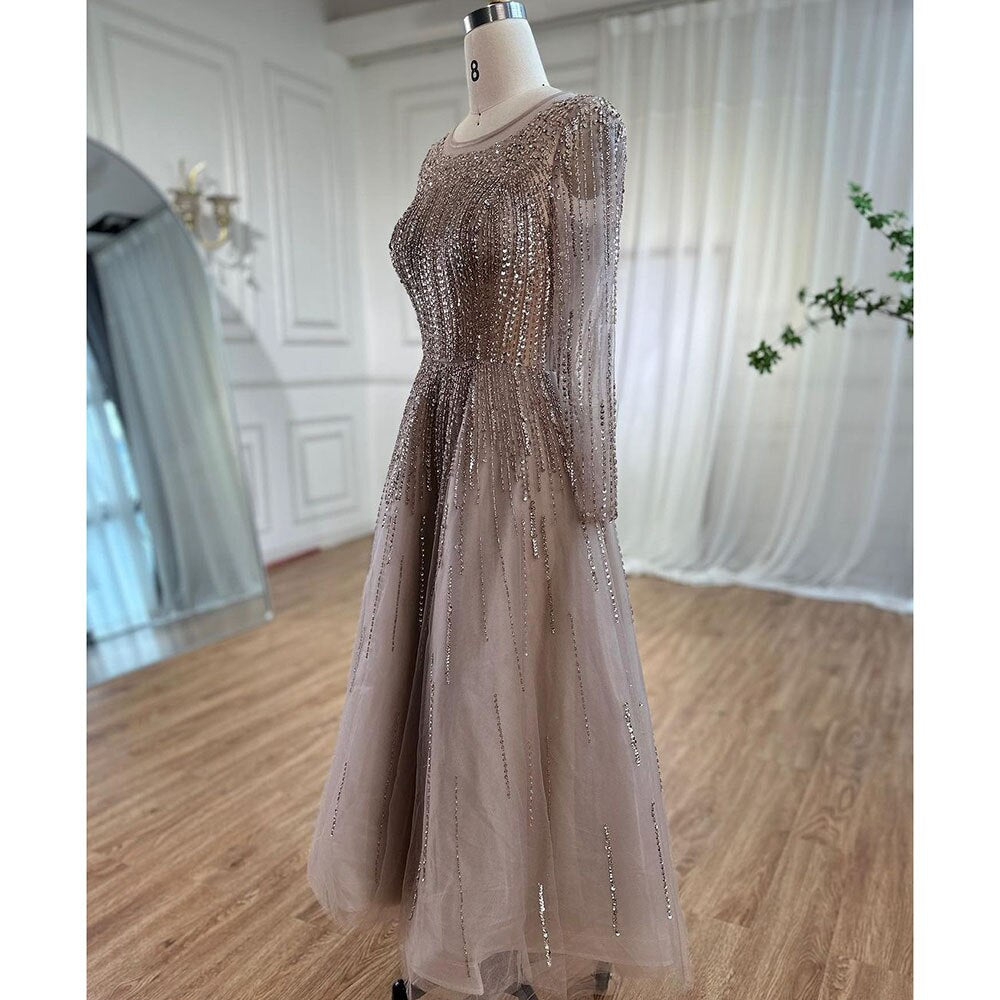 Serene Hill Muslim Luxury Beaded Caramel A-Line Midi Ankle-Length Evening Dresses Gowns 2025 Formal Woman Wedding Party LA71111 - SERENE HILL