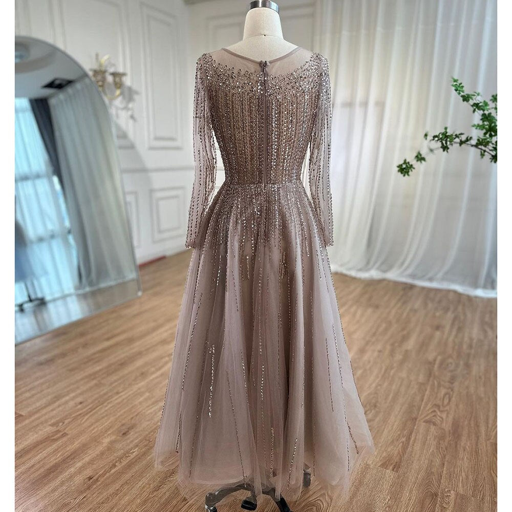 Serene Hill Muslim Luxury Beaded Caramel A-Line Midi Ankle-Length Evening Dresses Gowns 2025 Formal Woman Wedding Party LA71111 - SERENE HILL