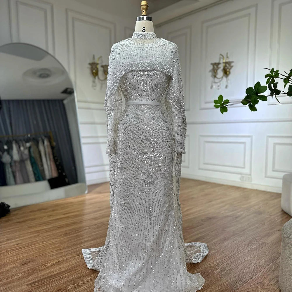 Luxury Dubai Muslim Mermaid Long Cape Evening Dresses Pearls Beaded Gowns For Formal Occasion LA72032MP - SERENE HILL