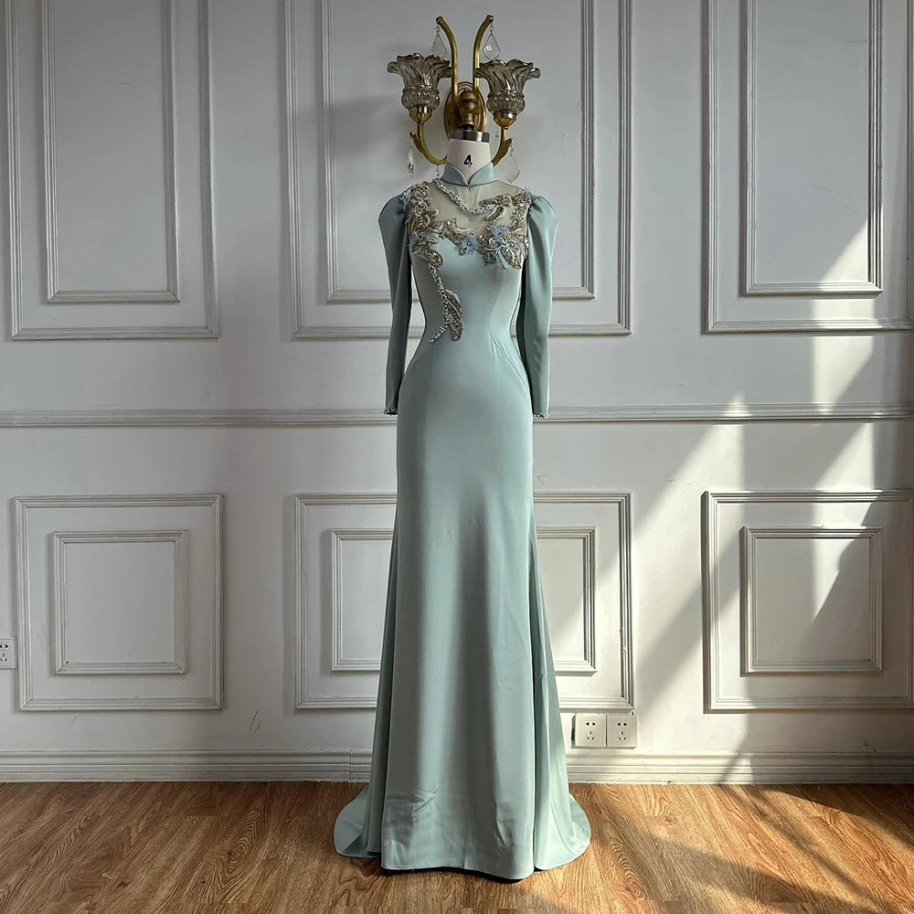 Luxury Dubai Muslim Mint Mermaid Beaded Satin Evening Dress Gown with for Formal Occasion LA72797C - SERENE HILL