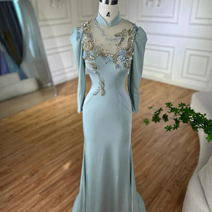 Luxury Dubai Muslim Mint Mermaid Beaded Satin Evening Dress Gown with for Formal Occasion LA72797C - SERENE HILL