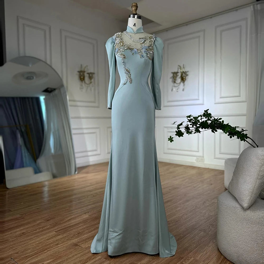 Luxury Dubai Muslim Mint Mermaid Beaded Satin Evening Dress Gown with for Formal Occasion LA72797C - SERENE HILL