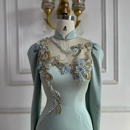 Luxury Dubai Muslim Mint Mermaid Beaded Satin Evening Dress Gown with for Formal Occasion LA72797C - SERENE HILL