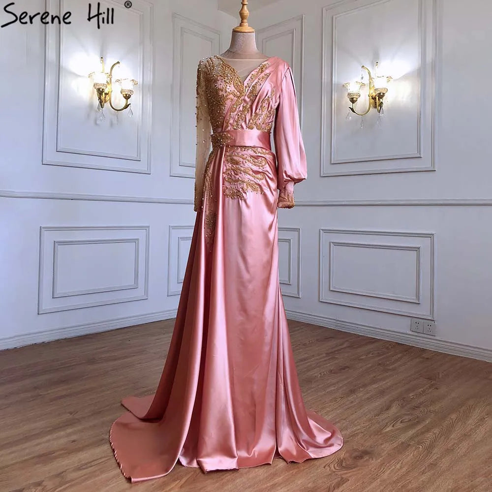 Serene Hill Muslim Mint Mermaid Elegant Beaded Satin Overskirt Evening Dresses Gowns Plus Size 2025 For Women Party LA71278 - SERENE HILL