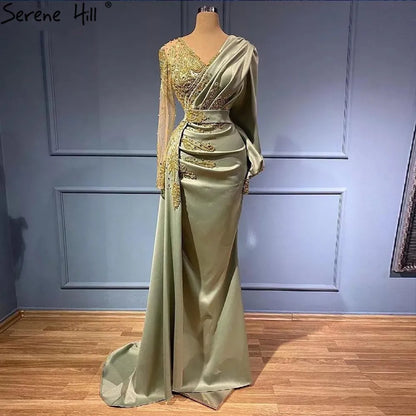 Serene Hill Muslim Mint Mermaid Elegant Beaded Satin Overskirt Evening Dresses Gowns Plus Size 2025 For Women Party LA71278 - SERENE HILL