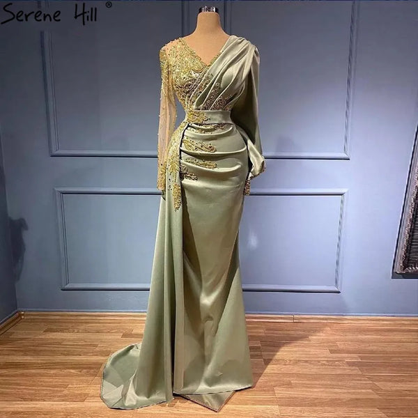 Serene Hill Muslim Mint Mermaid Elegant Beaded Satin Overskirt  Evening Dresses Gowns Plus Size 2025 For Women Party LA71278