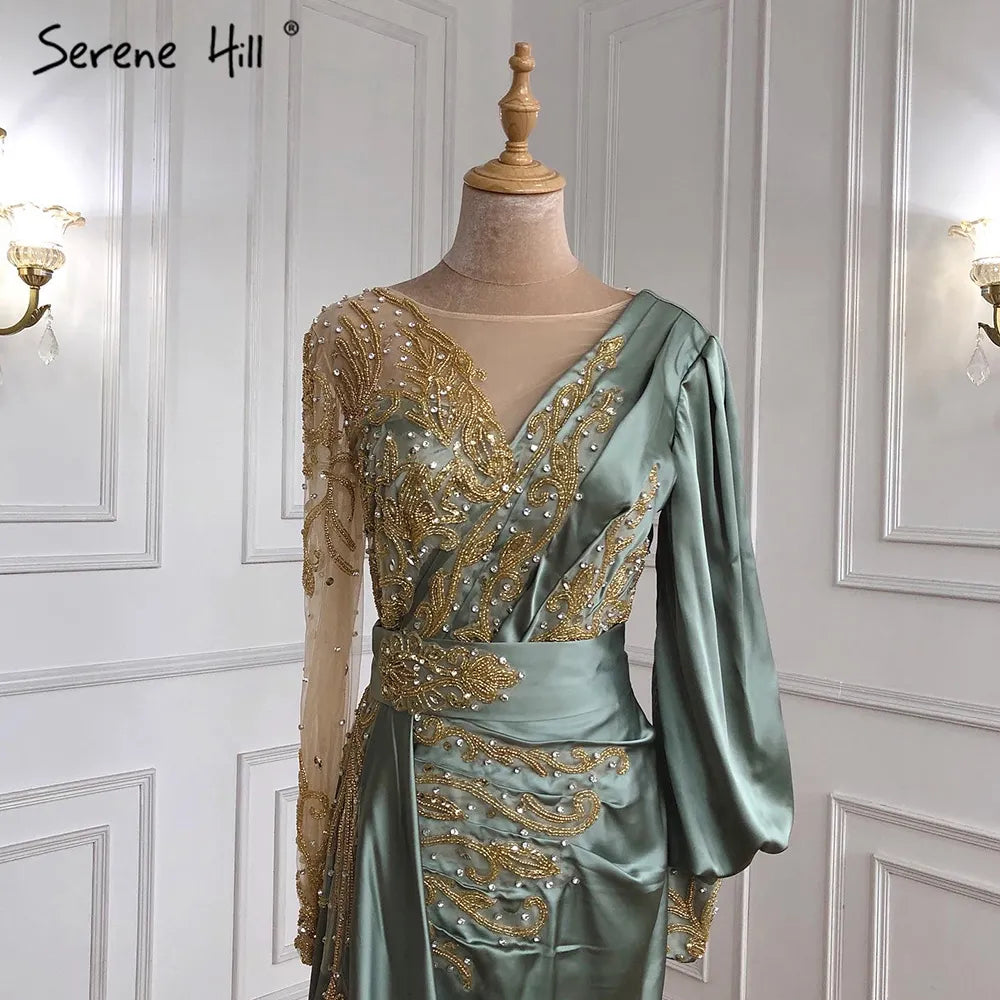 Serene Hill Muslim Mint Mermaid Elegant Beaded Satin Overskirt Evening Dresses Gowns Plus Size 2025 For Women Party LA71278 - SERENE HILL