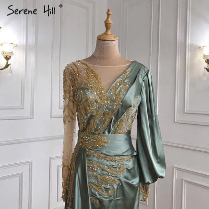 Serene Hill Muslim Mint Mermaid Elegant Beaded Satin Overskirt Evening Dresses Gowns Plus Size 2025 For Women Party LA71278 - SERENE HILL
