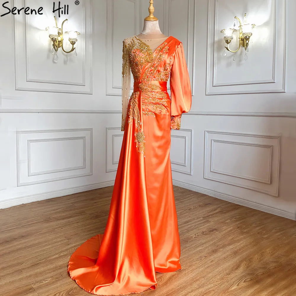 Serene Hill Muslim Mint Mermaid Elegant Beaded Satin Overskirt Evening Dresses Gowns Plus Size 2025 For Women Party LA71278 - SERENE HILL