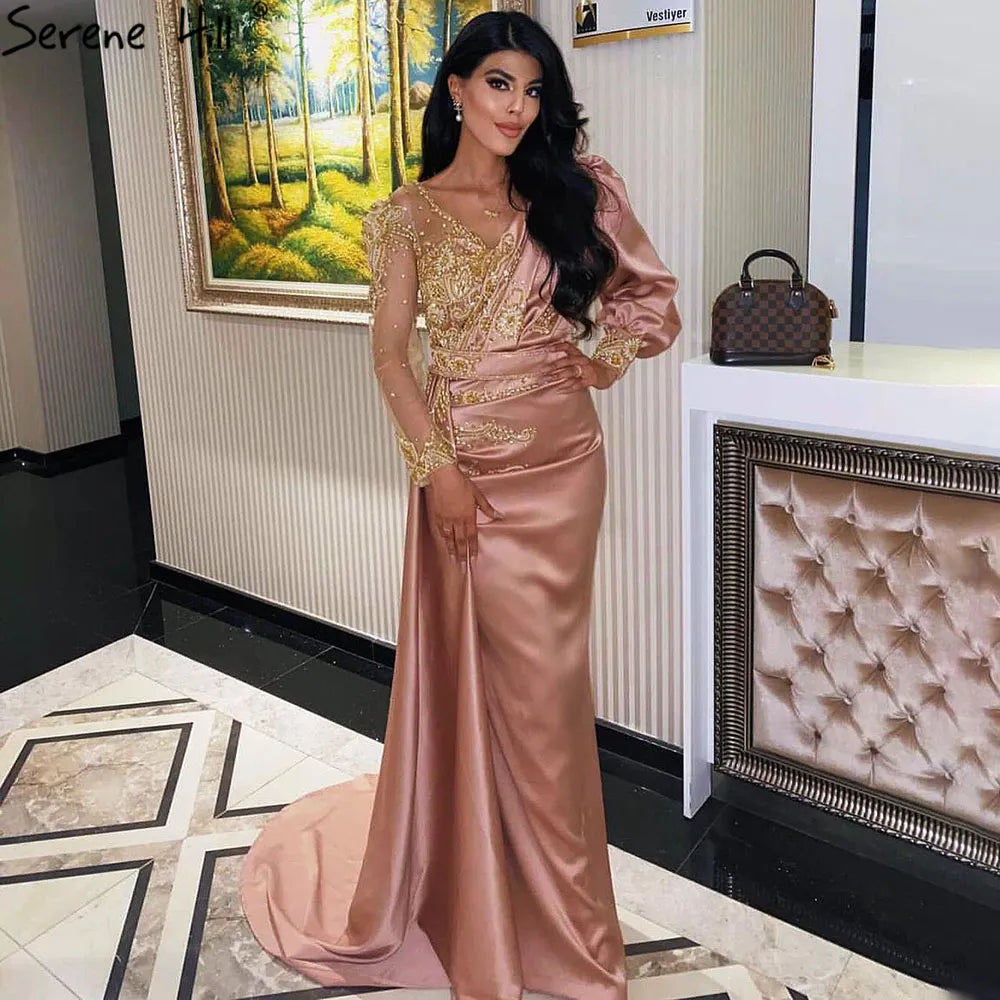 Serene Hill Muslim Mint Mermaid Elegant Beaded Satin Overskirt Evening Dresses Gowns Plus Size 2025 For Women Party LA71278 - SERENE HILL