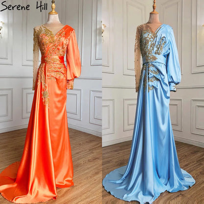 Serene Hill Muslim Mint Mermaid Elegant Beaded Satin Overskirt Evening Dresses Gowns Plus Size 2025 For Women Party LA71278 - SERENE HILL