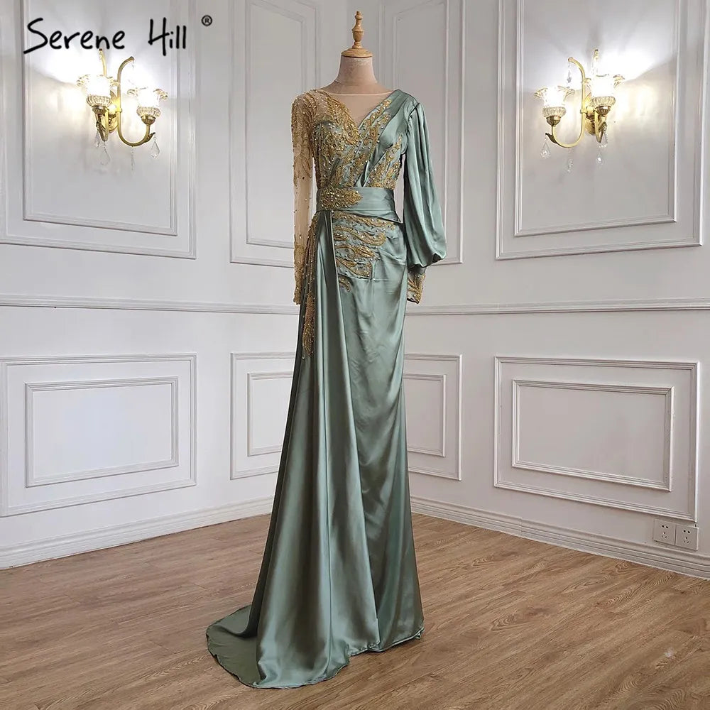 Serene Hill Muslim Mint Mermaid Elegant Beaded Satin Overskirt Evening Dresses Gowns Plus Size 2025 For Women Party LA71278 - SERENE HILL